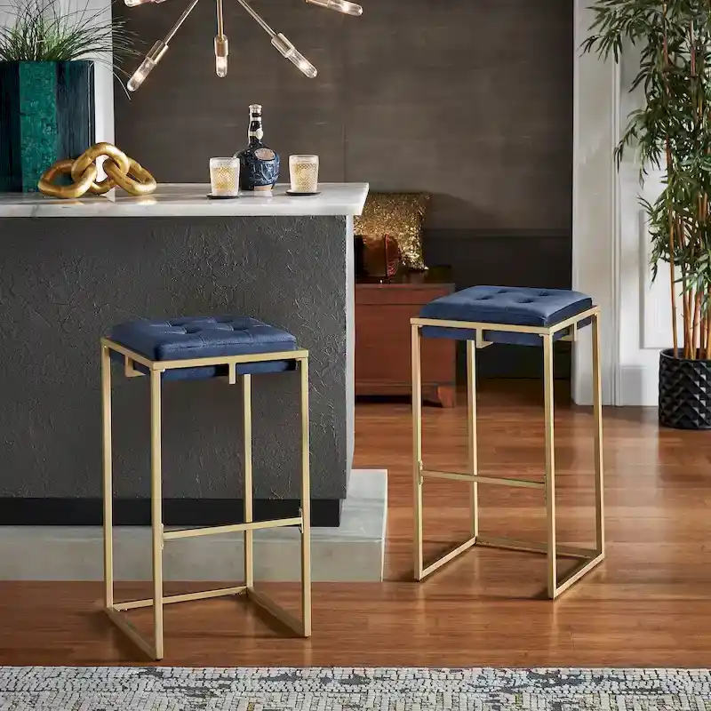 Backless Velvet Button-Tufted Bar Stool with Gold Metal Base & Footrest – Beige / Blue / Green, Counter / Bar Height