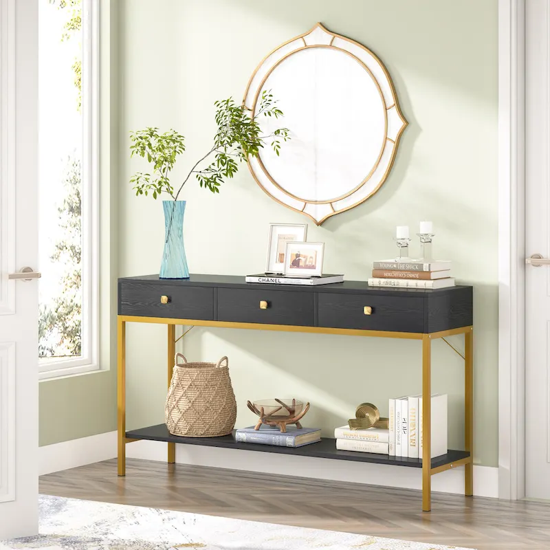 Black / White Console Table with 3 Drawers & Open Shelf, for 1 Person