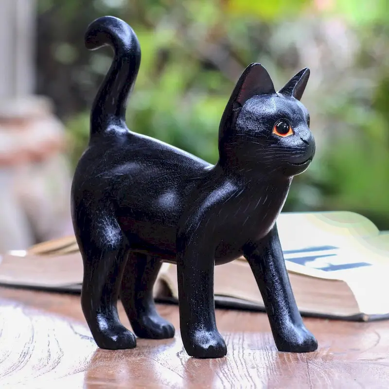 Handmade Curious Kitten In Black Wood Sculpture (Indonesia) - 7.25  H x 6.25  W x 3  D