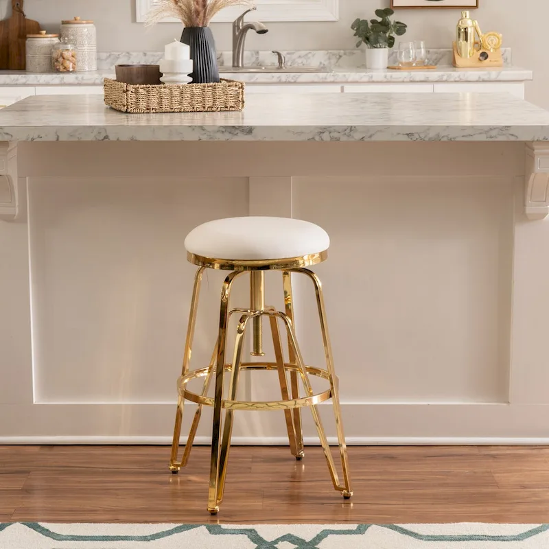 White Faux Leather Adjustable Backless Bar Stool, Chrome/Gold Finish, 1-Person