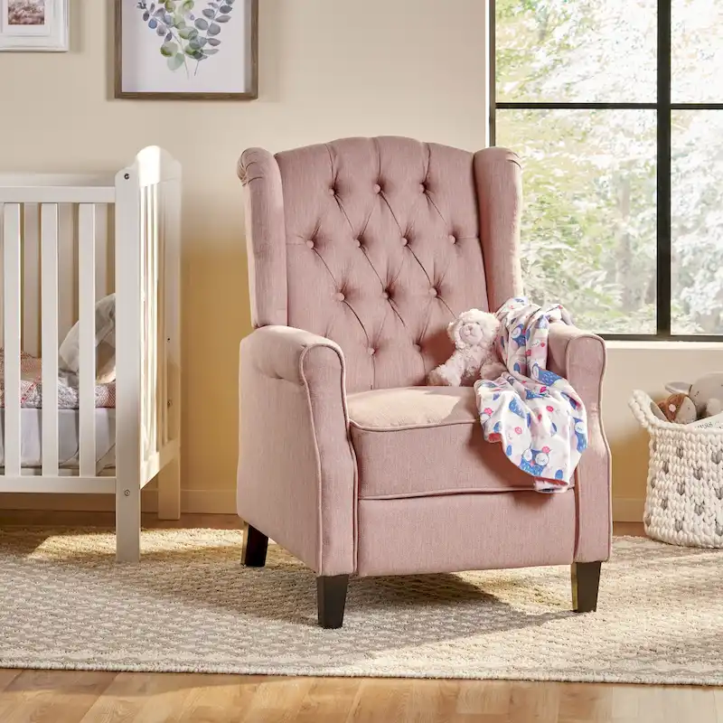 Light Pink / Beige Wingback Push-Back Recliner with Button-Tufted Back & Birch Legs – 1-Seater