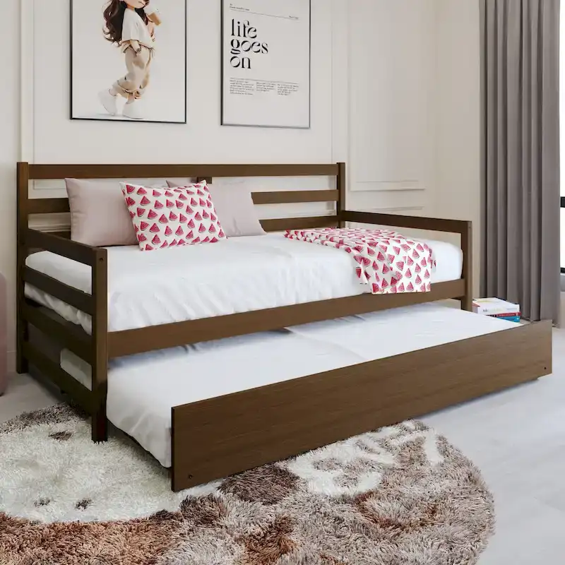 White/Walnut/Black/Light Oak/Antique Grey Railing-Style Twin Daybed with Trundle