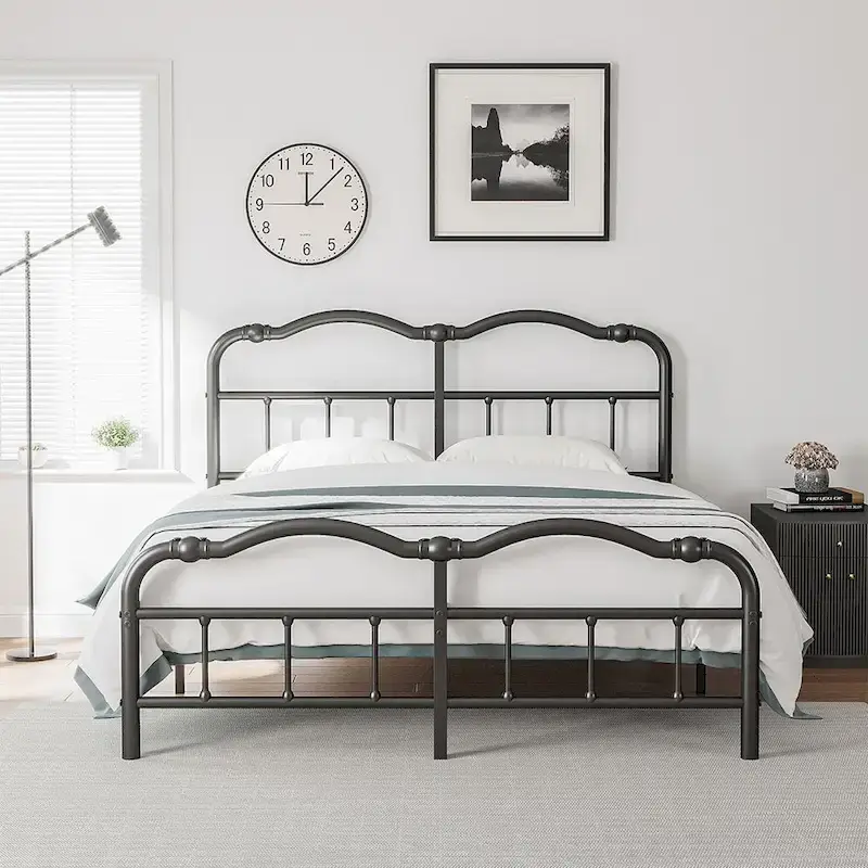 Heavy Duty Anti-Sway 18 Inch High Steel Tube Iron Bed, Double Wave Headboard And Footboard