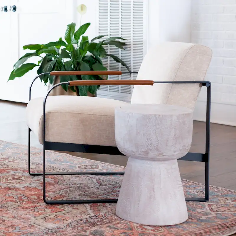 White / Natural Round Teak Wood Pedestal Accent Table, 1-Piece