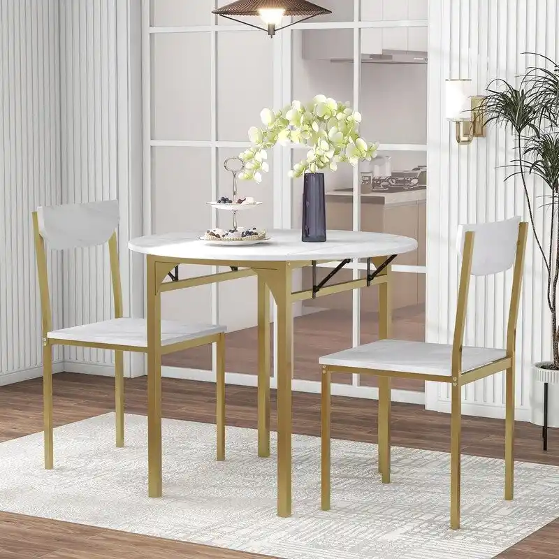 3 Piece Drop Leaf Dining Table Set, Modern Counter Height Round Dining Set with 2 Chairs, Wood Small Kitchen Table Set