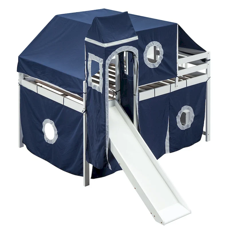 Blue Pine Wood Loft Bed with Storage Staircase and Slide, Tent and Tower, Full-Length Guardrail