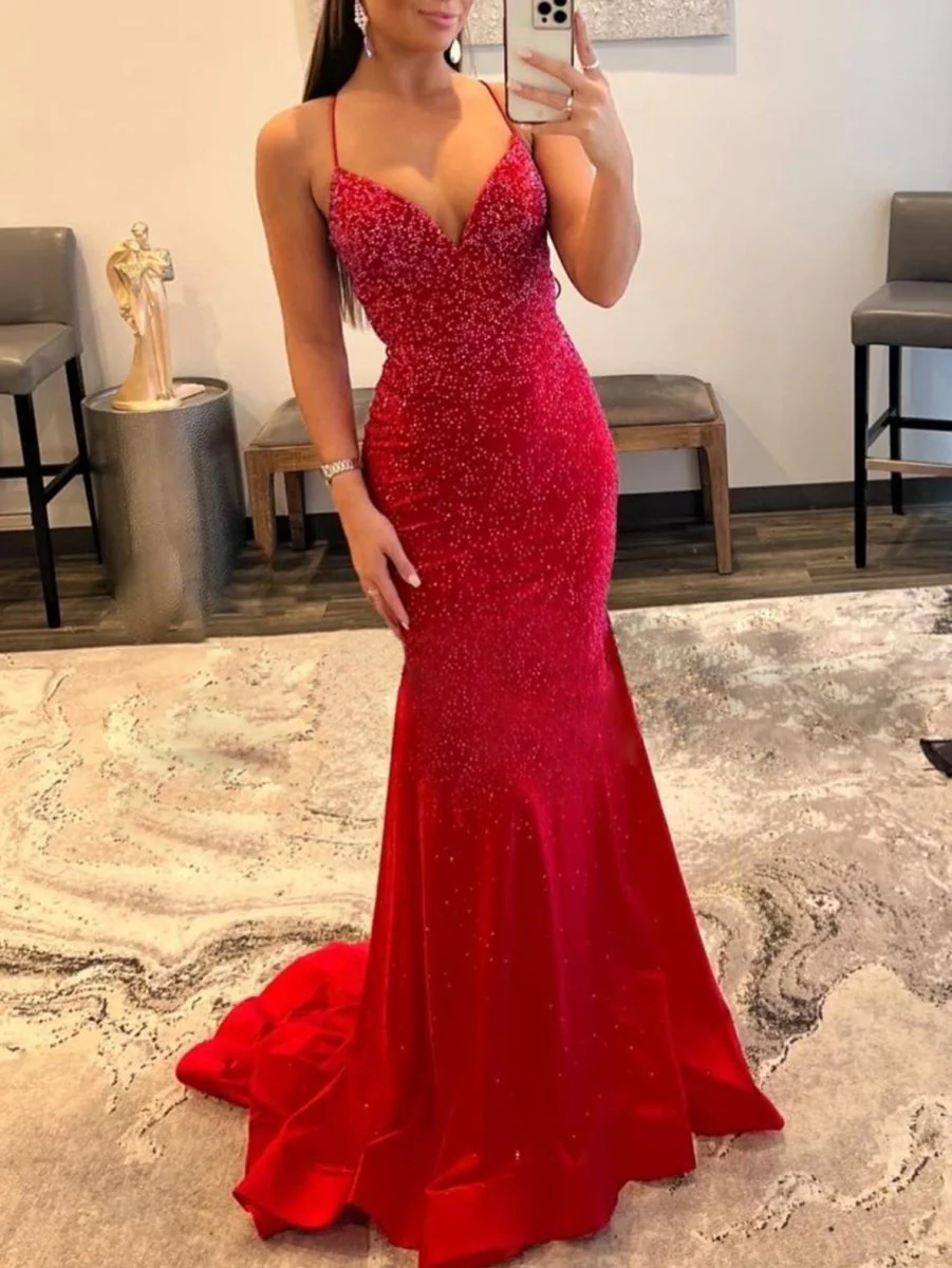 Mermaid V Neck Glitter Satin Prom Dress