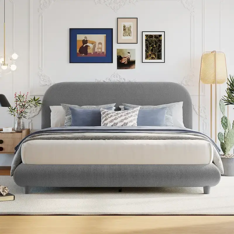 Curve Shaped Headboard Bed Frame, Teddy Fleece Upholstered Platform Bed with Thick Fabric, Wood Low Profile Bed Panel Bed