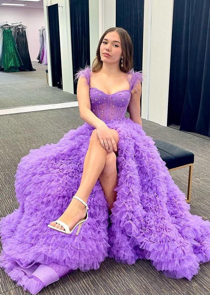 A Line Sweetheart Tiered Tulle Long Prom Dress With Slit