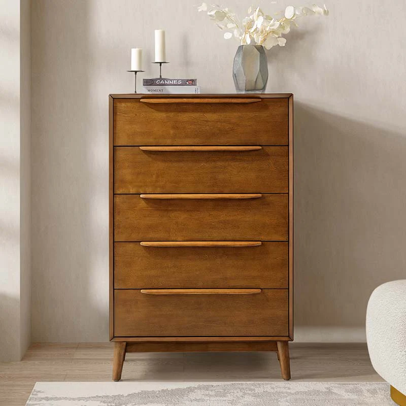 5-Drawer Chest Dresser with Solid Wood Handles, Rubberwood Legs & Top Drawer Dividers | Acorn / Walnut | Single