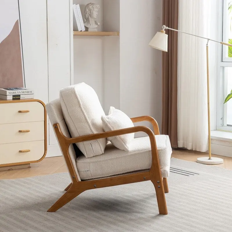 SEYNAR Mid Century Boucle Uplostered Soild Wood Accent Armchair with Pillow