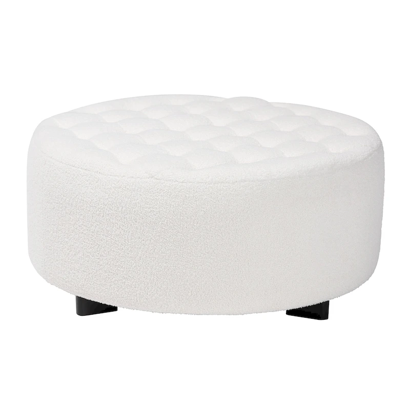 Athena Modern and Contemporary Ivory Boucle Upholstered and Black Finished Wood Round Ottoman