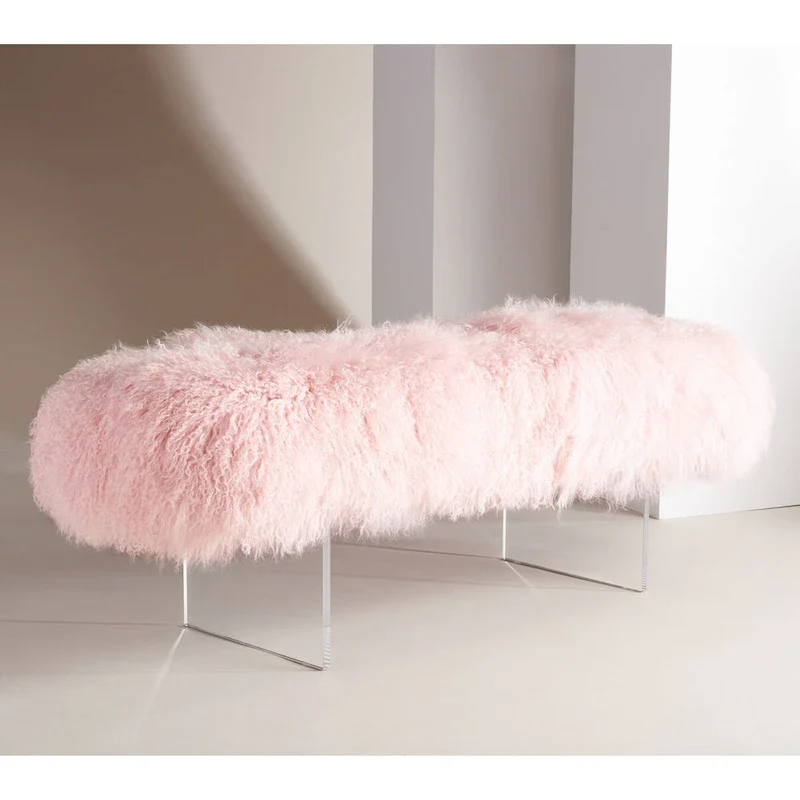 White / Blush Genuine Sheepskin Ottoman with Acrylic Legs – 1 Seat