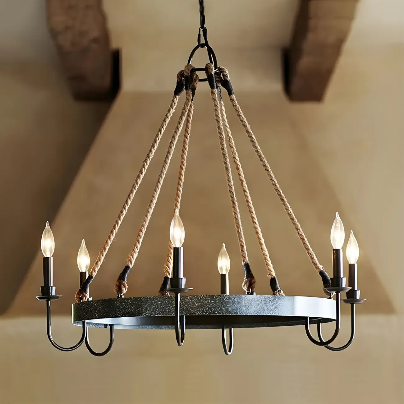 Hemp Rope Industrial Metal Round Candle Chandelier