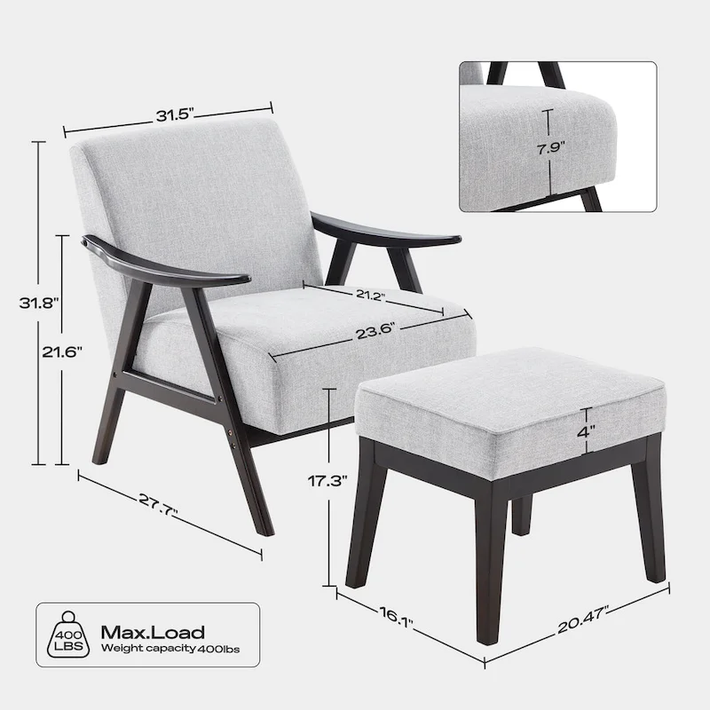 Mid Century 27.7 Upholstered Arm Chair with Solid Wood Frame and Ottoman