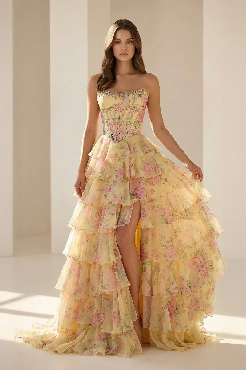 Yellow - Scoop Neck A Line Floral Chiffon Ruffled Prom Dresses With Beading
