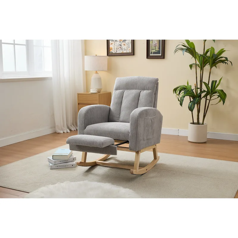 Accent Rocking Chair with Solid Wood Legs, Upholstered Nursery Glider Rocker, Comfy Armchair with Side Pocket