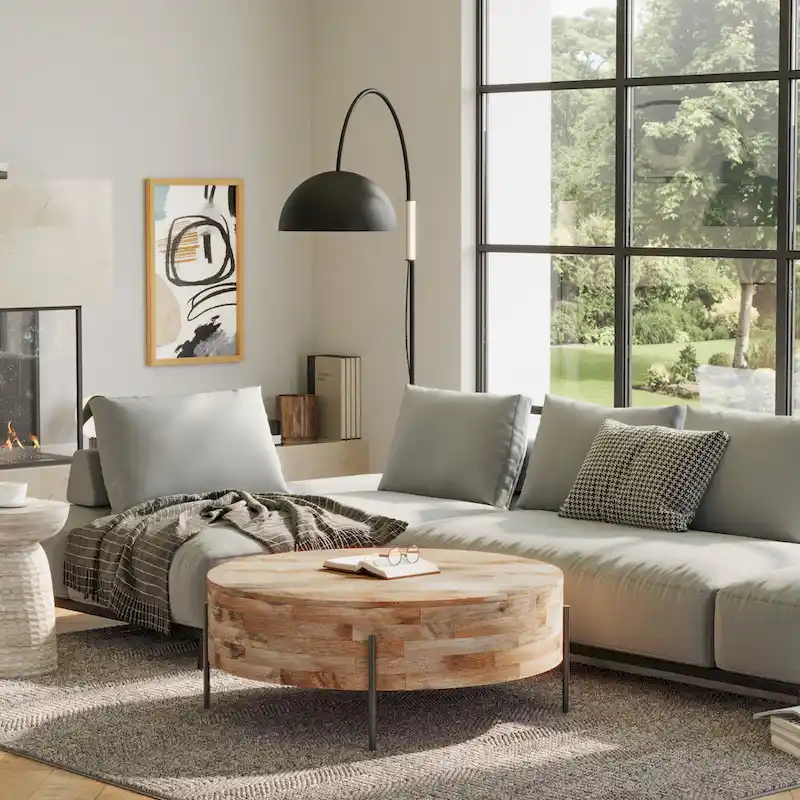 Round Drum Coffee Table – White Wash / Walnut Brown / Natural, Seats 4–6