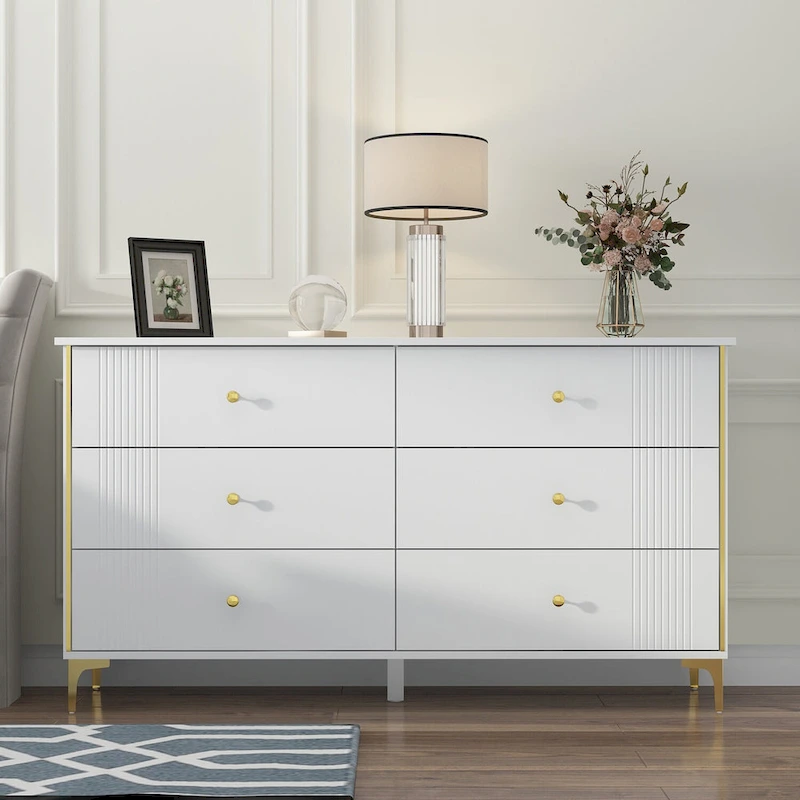 White Lacquer Dresser 6 Drawer Dresser with Metal Handle and Legs
