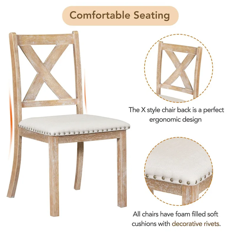 82inch 6-Piece Extendable Dining Table with Footrest,4 Upholstered Dining Chairs,Bench,Two 11Removable Leaf,Beige Cushion