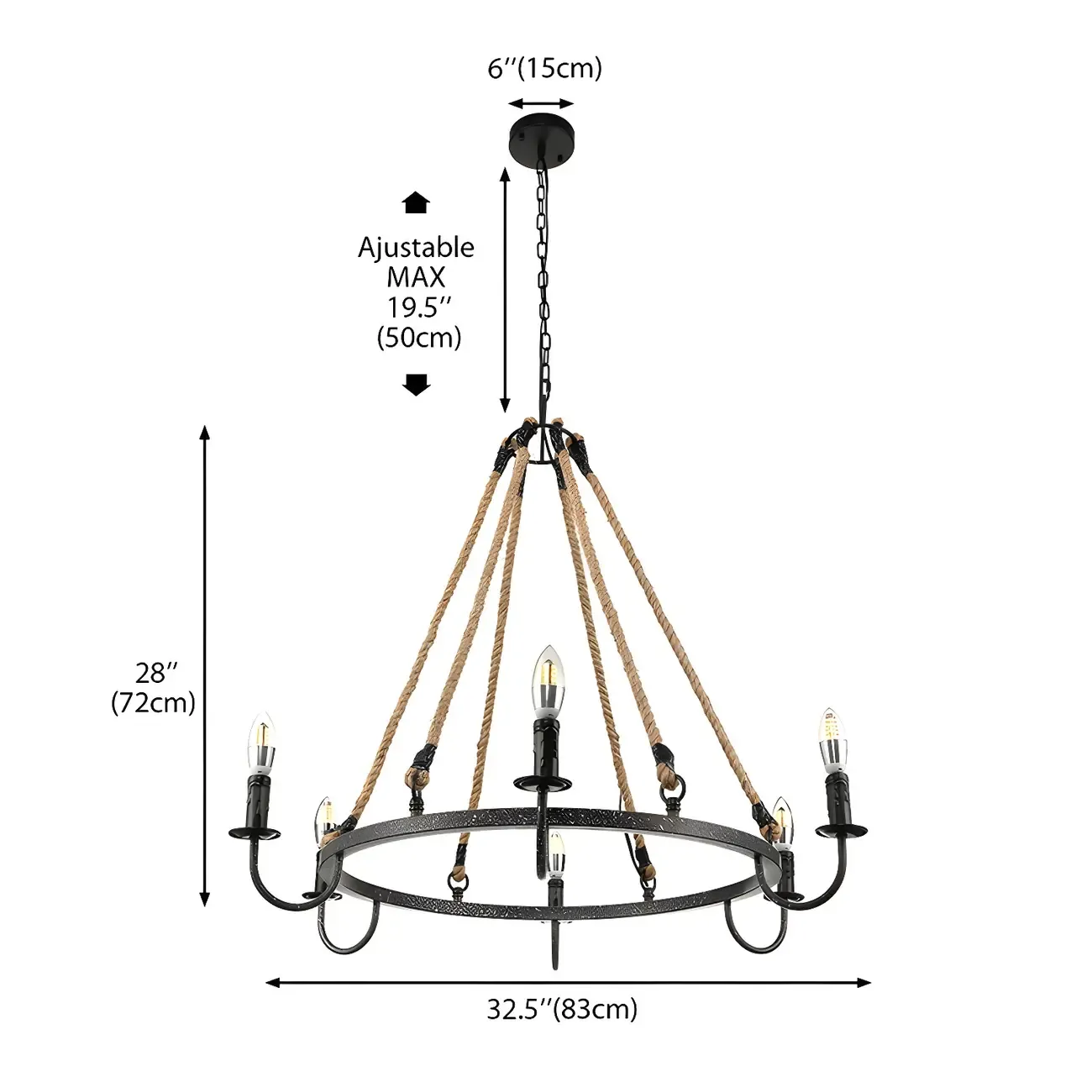 Hemp Rope Industrial Metal Round Candle Chandelier