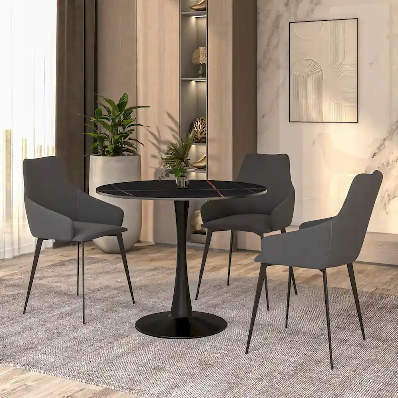 White / Black / Natural Wood Round Sintered Stone Dining Table, Pedestal Base, Seats 4