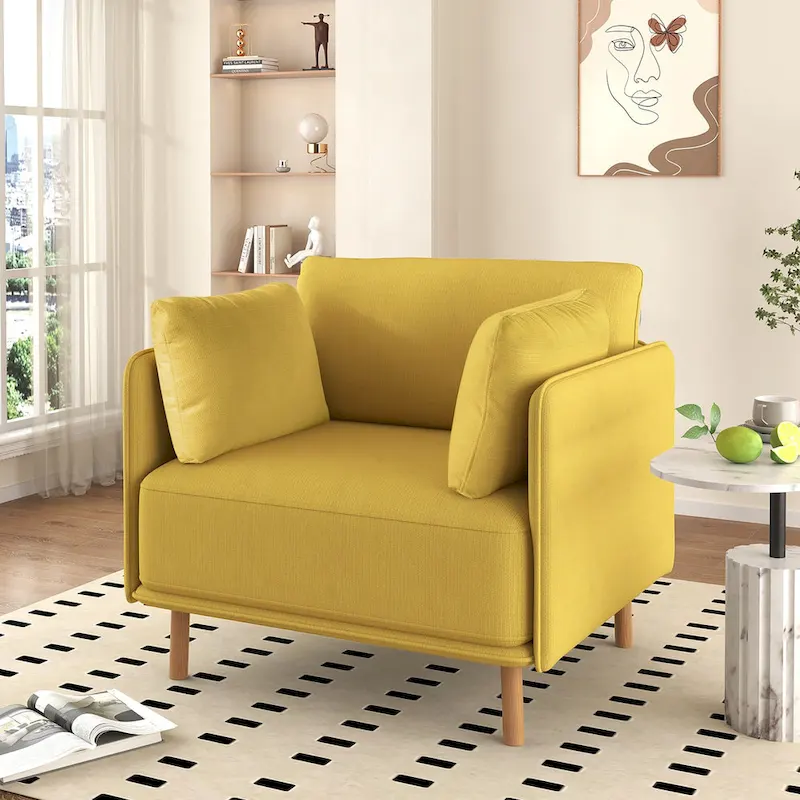 White / Yellow Fabric Upholstered Accent Chair, Single Seat, Wood Legs