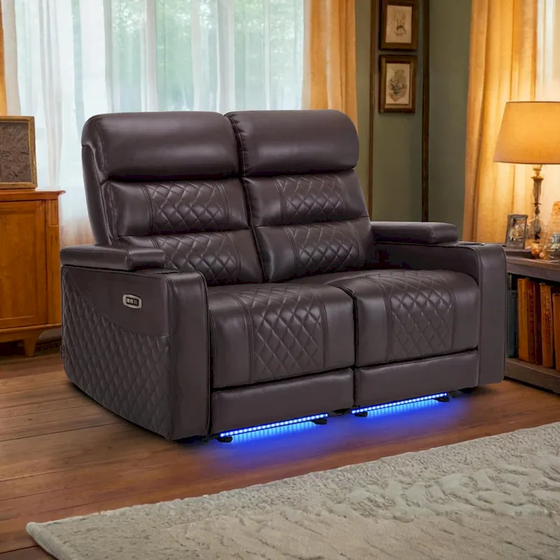 Black/Grey/Brown Power Reclining Loveseat, 2-Seat Faux Leather Sofa with Adjustable Headrest