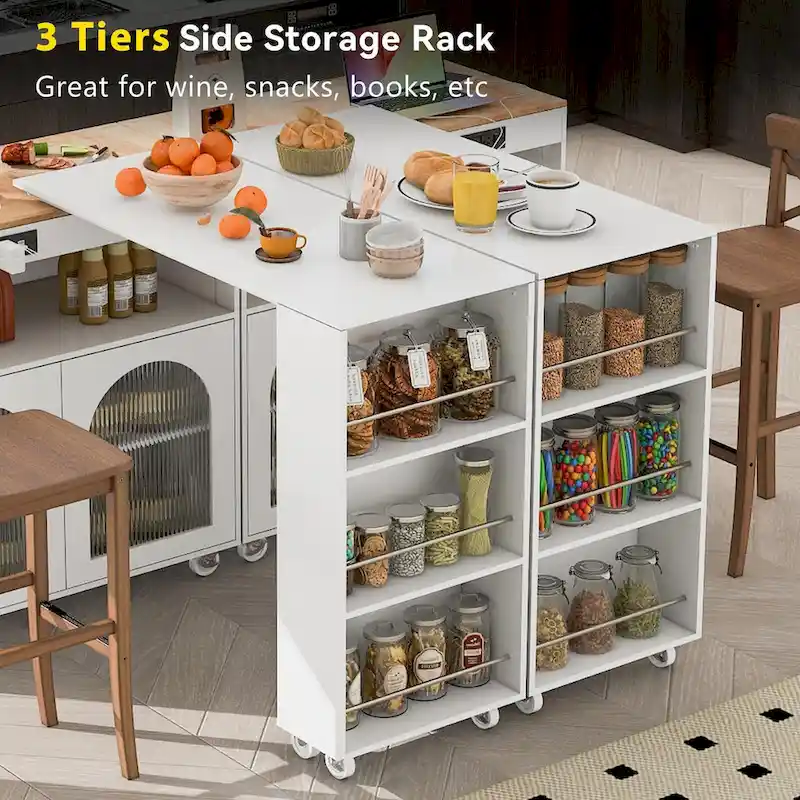LED Lights Kitchen Island Cart With Extended Table and Power Outlets