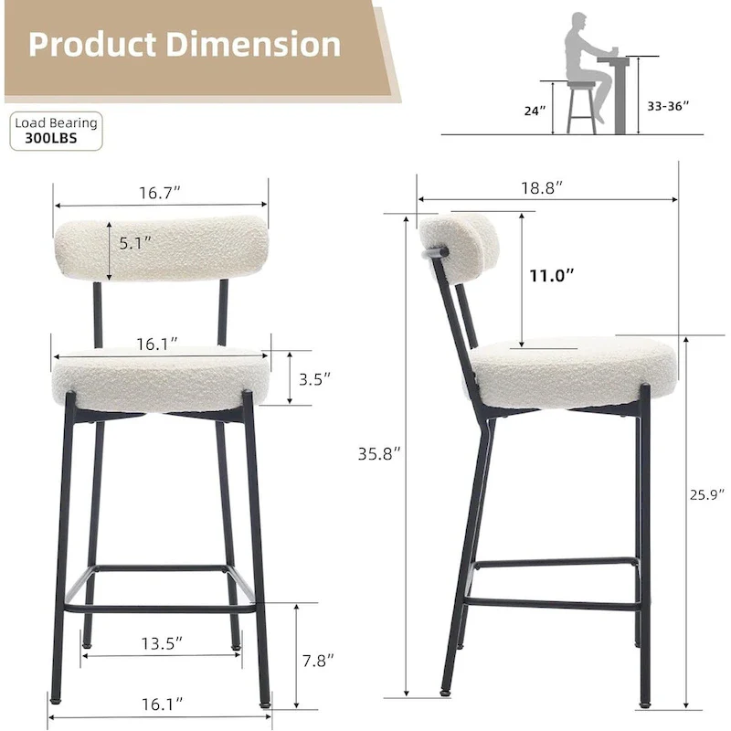27 Modern Counter Stools Set of 2, Leather Bar Stools with Back & Pedals & Metal Legs