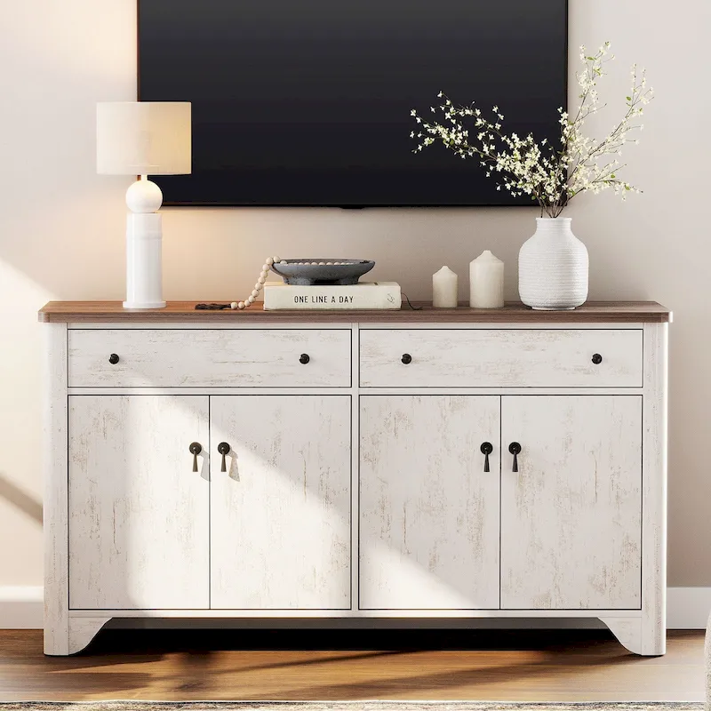 WAMPAT 59 Farmhouse TV Stand for 65 inch TV, Wood Entertainment Center with 2 Drawers and Storage Cabinets, Adjustable Shelves