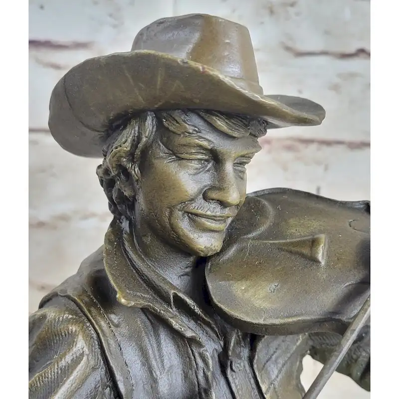 Cowboy Playing Violin Fiddle Music Bronze Sculpture Marble Statue Figurine