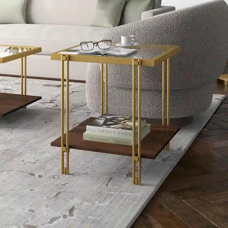 Brass / Blackened Bronze / Brass Walnut Geometric Steel & Glass Side Table – Single