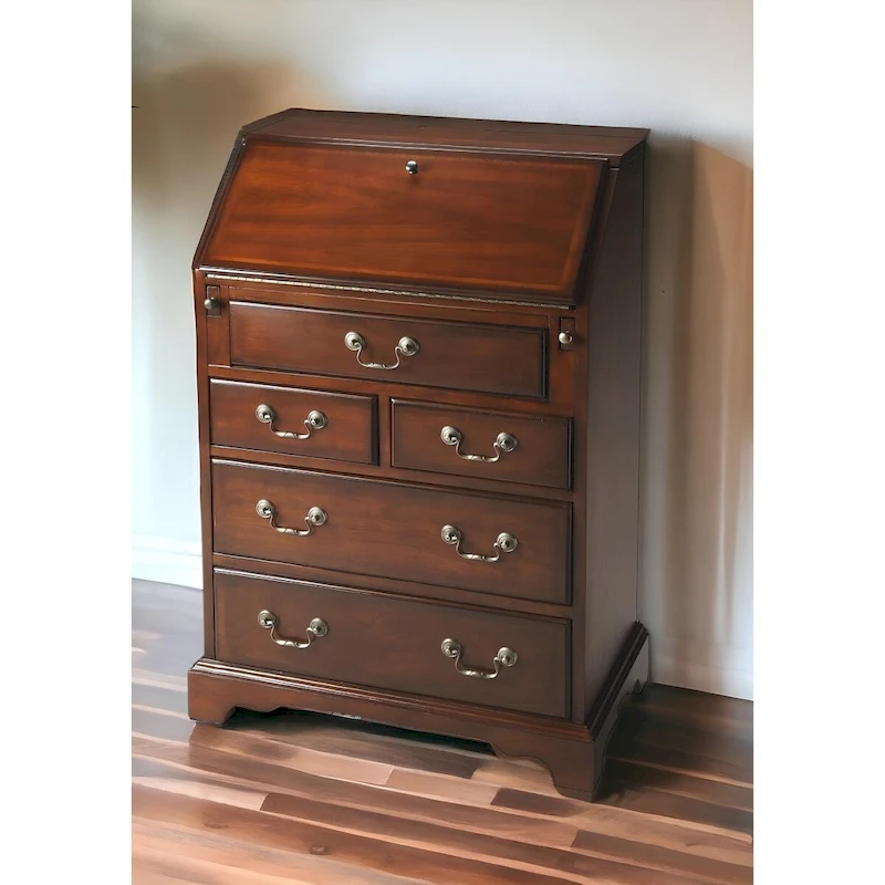 26 Brown Rubberwood Wood Secretary Desk With Five Drawers