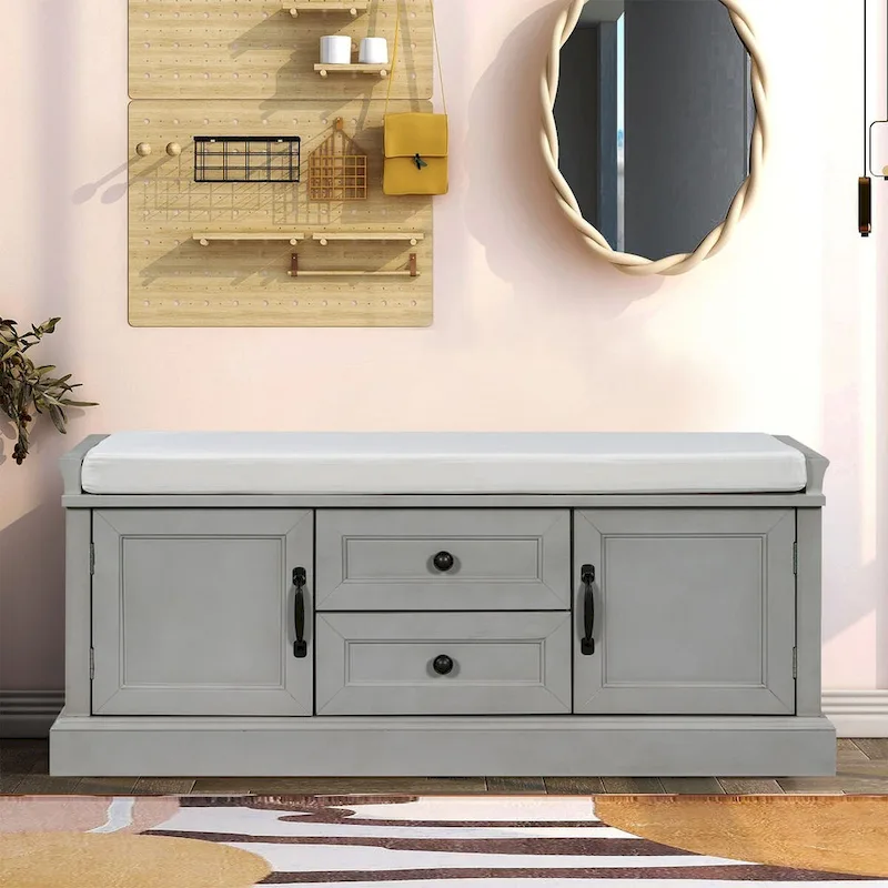 Vintage Chic Wooden Storage Bench with Removable Foam-Filled Velvet Seat Cushion