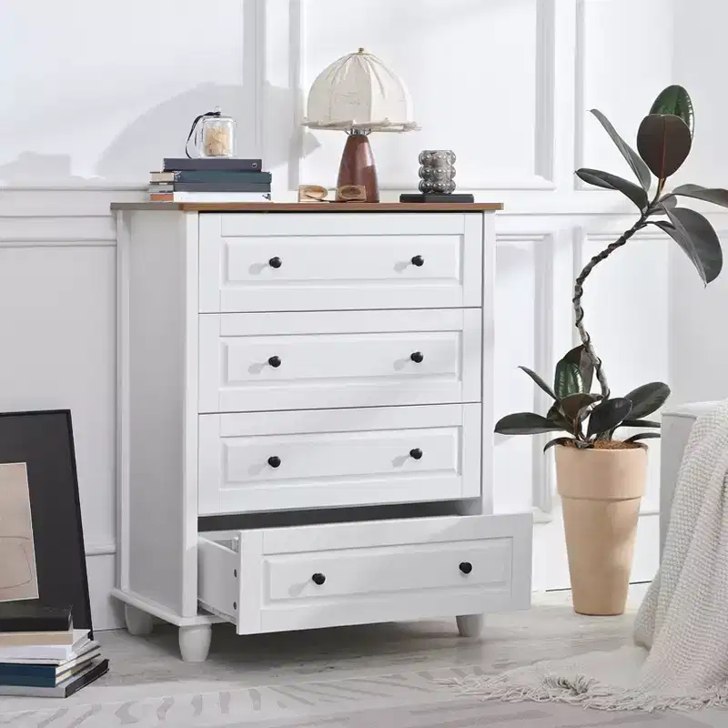 AEELLEEA Bedroom White Dresser 4 Drawers Spacious Storage Organizer Chest with Brushed Metal Handle for Living Room
