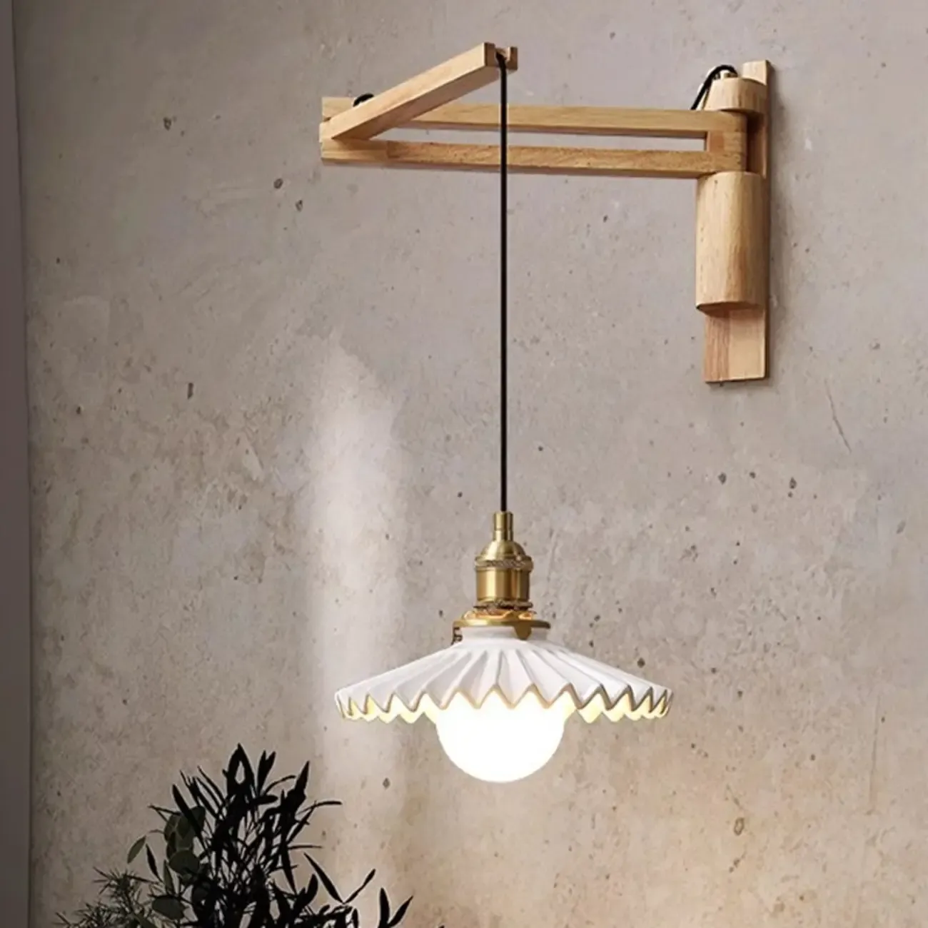 Natural Wood Vintage Stylish Shade Swing Arm Wall Light