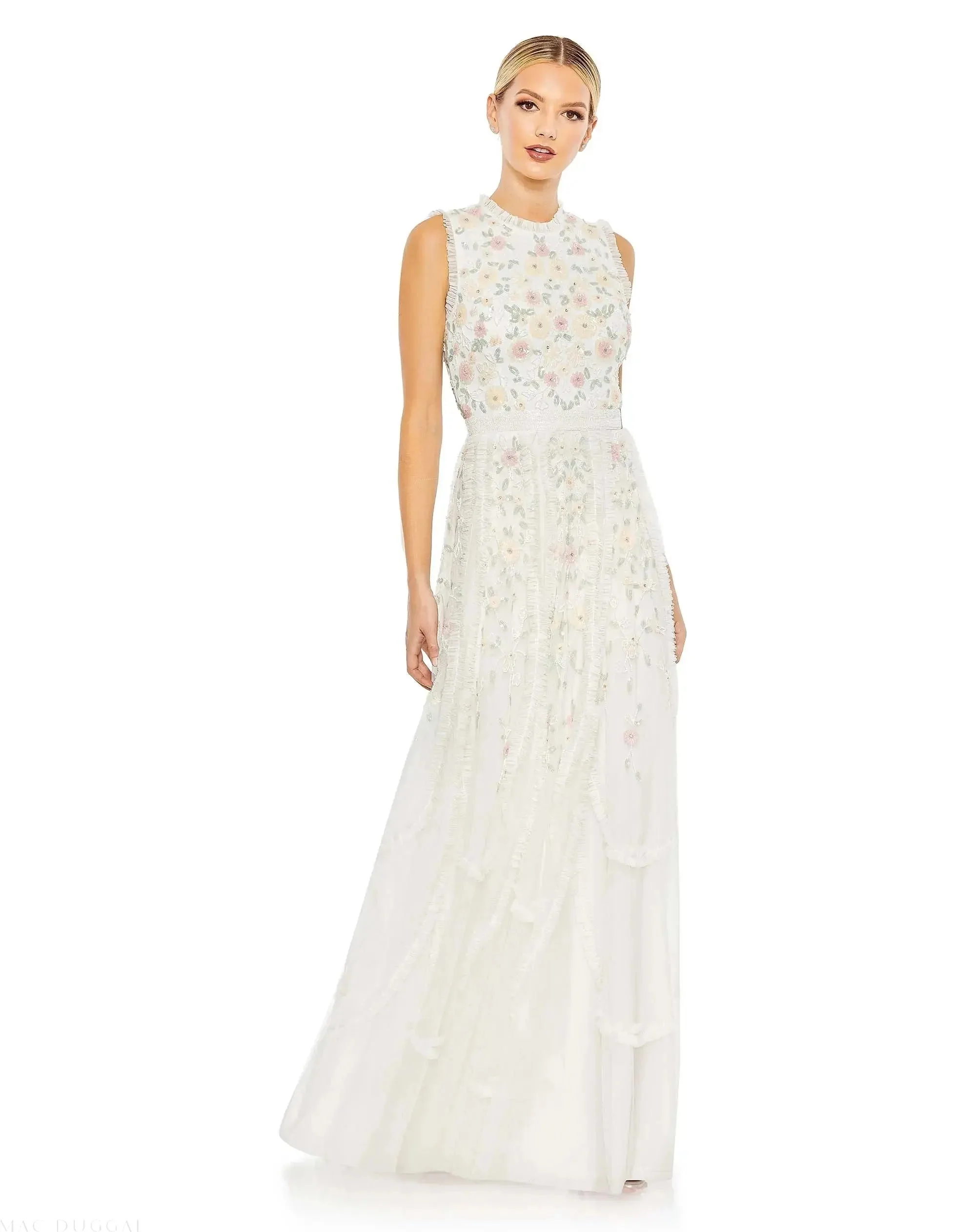 Embroidered High Neck Sleeveless Ruffled Gown