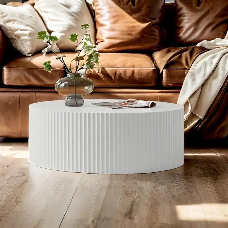 Round Coffee Table, MDF, Handcrafted Relief Design, White, 1-Person Use