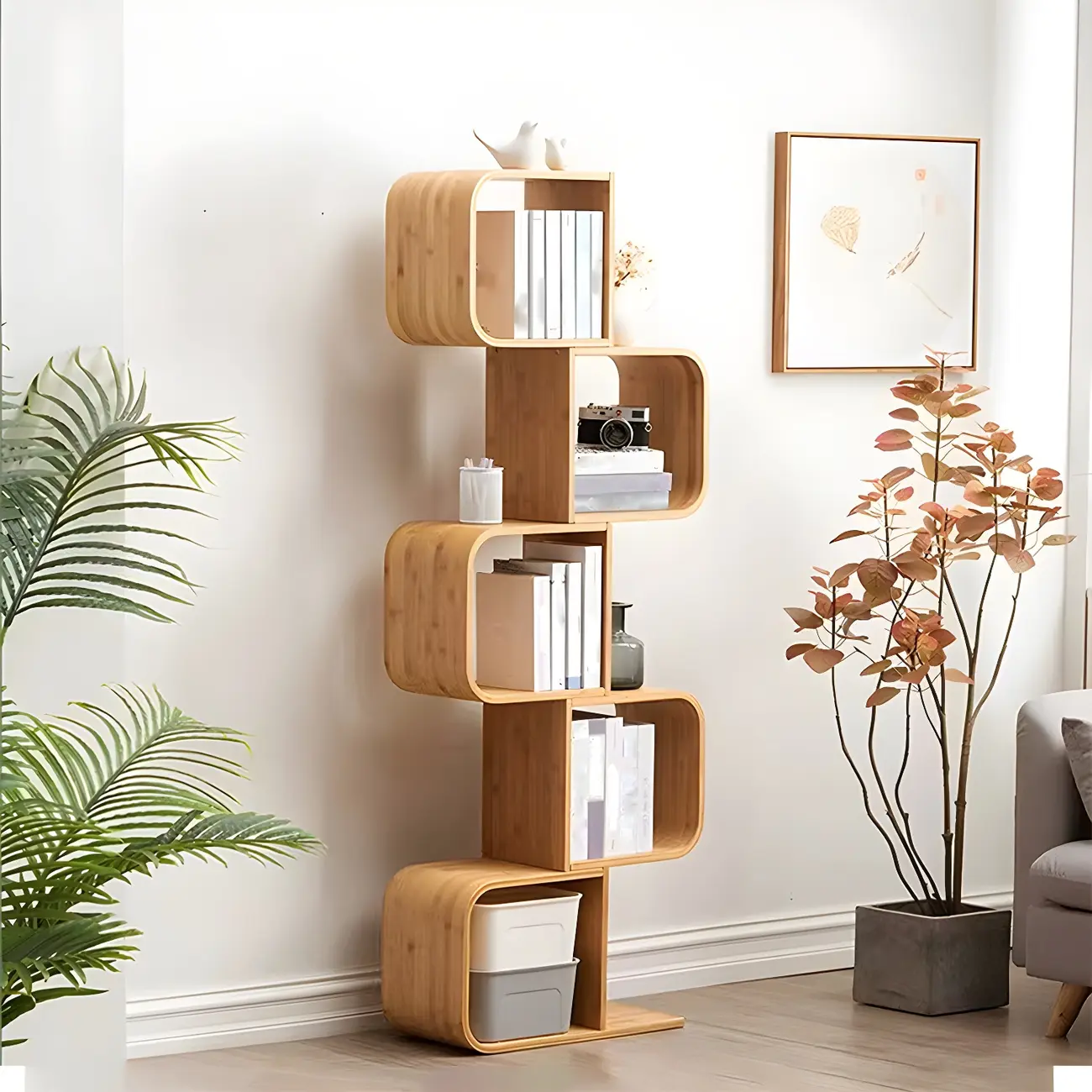Geometric Natural Finish Bamboo Wood Vertical Bookcase