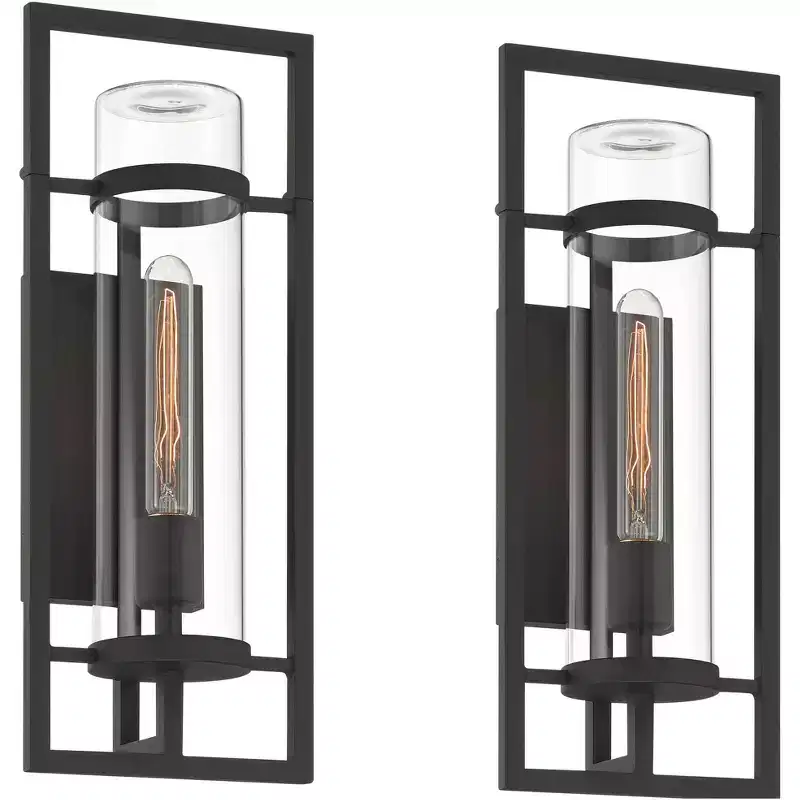 Possini Euro Design Castello 18 High Modern Outdoor Wall Light Fixture Mount Porch House Set of 2 Black Marine Grade Finish Clear Glass Shade