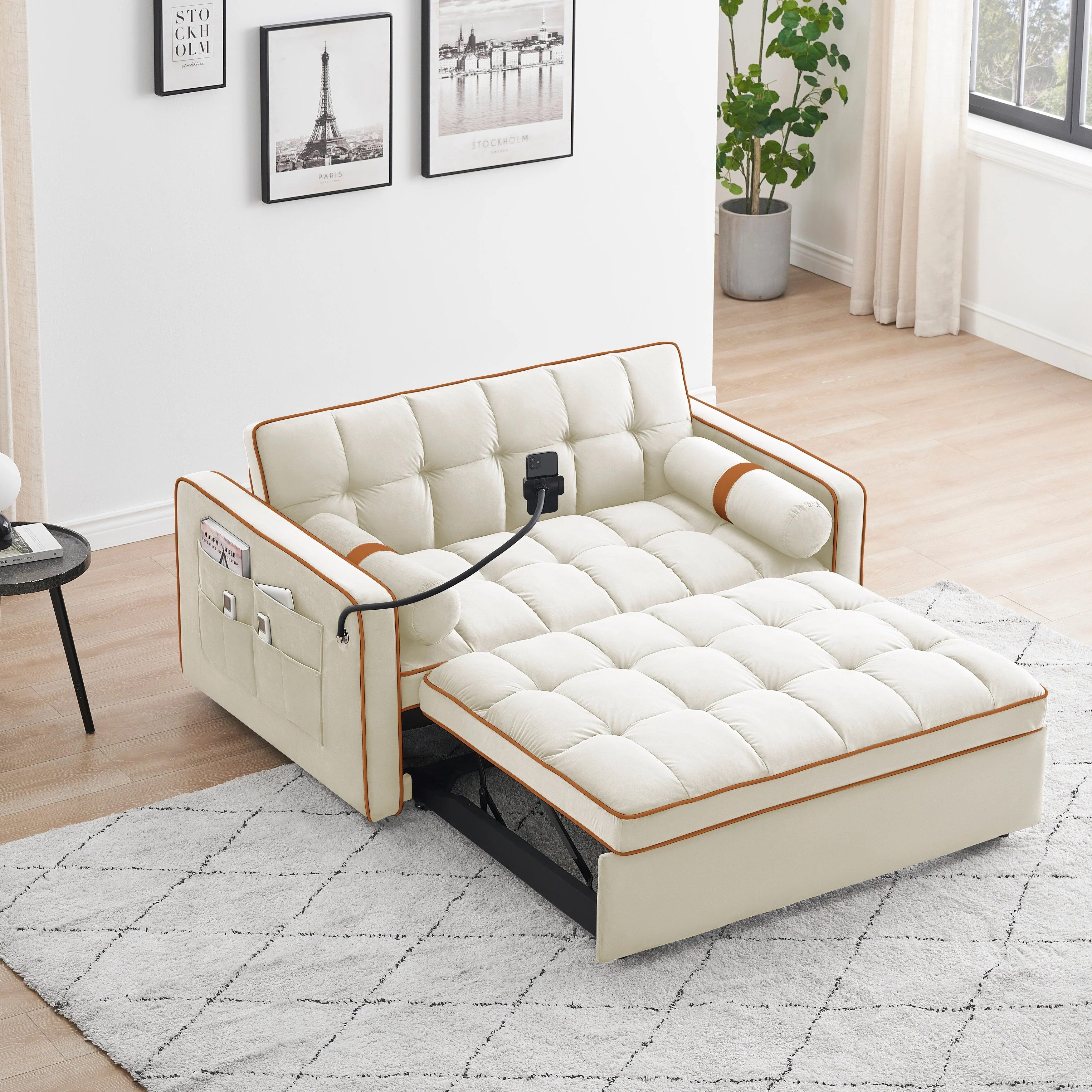 Velvet Convertible 55'' 2-Seater Sleeper Sofa with Pull-Out Bed, Adjustable Recline, Side Pockets, and Phone Holder