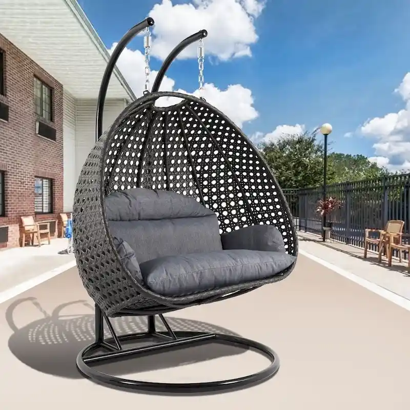 2-Person Hanging Egg Chair with Stand – Outdoor/Indoor Rattan Wicker Swing Lounger with Cushions