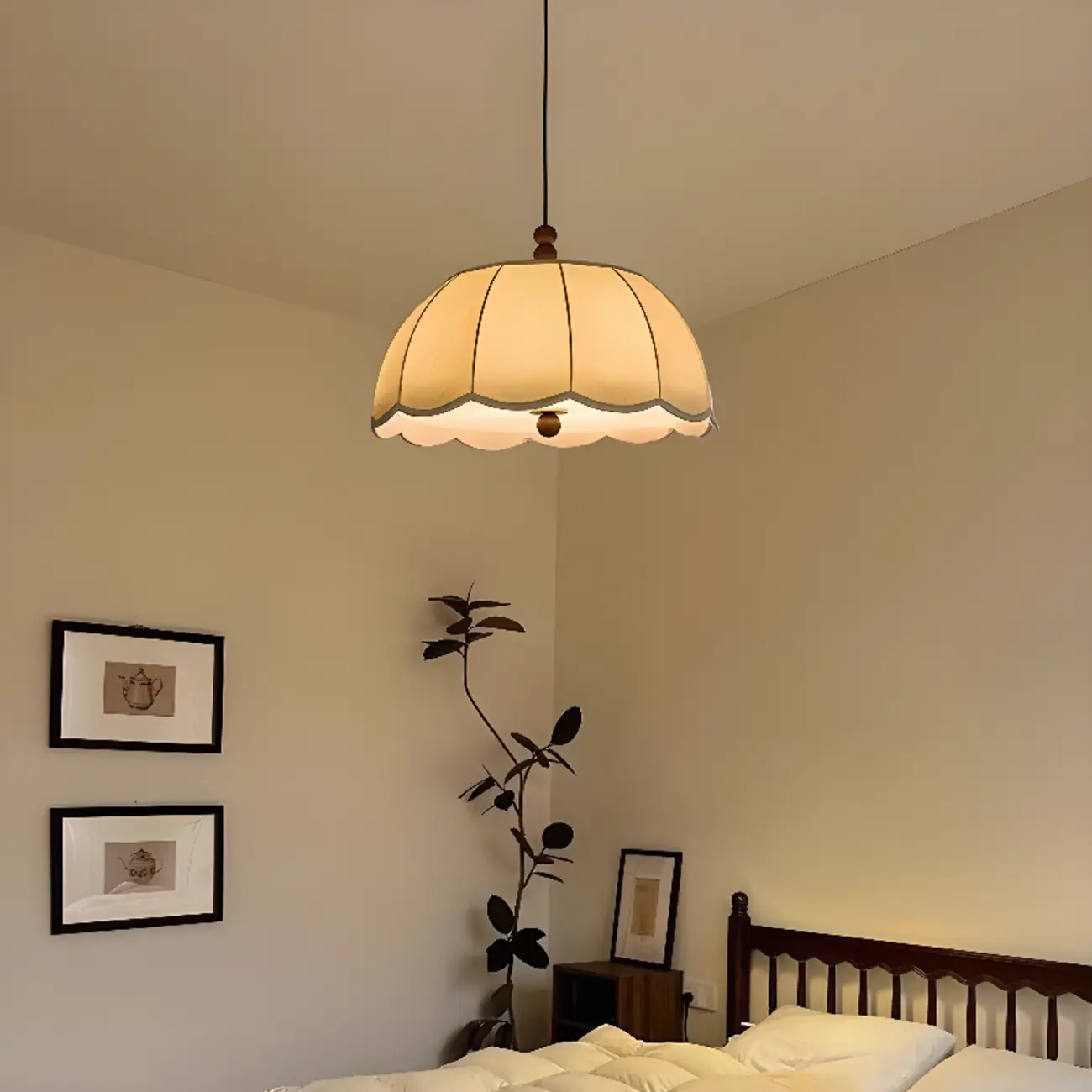 Modern Floral Beige Fabric Dome Pendant Light