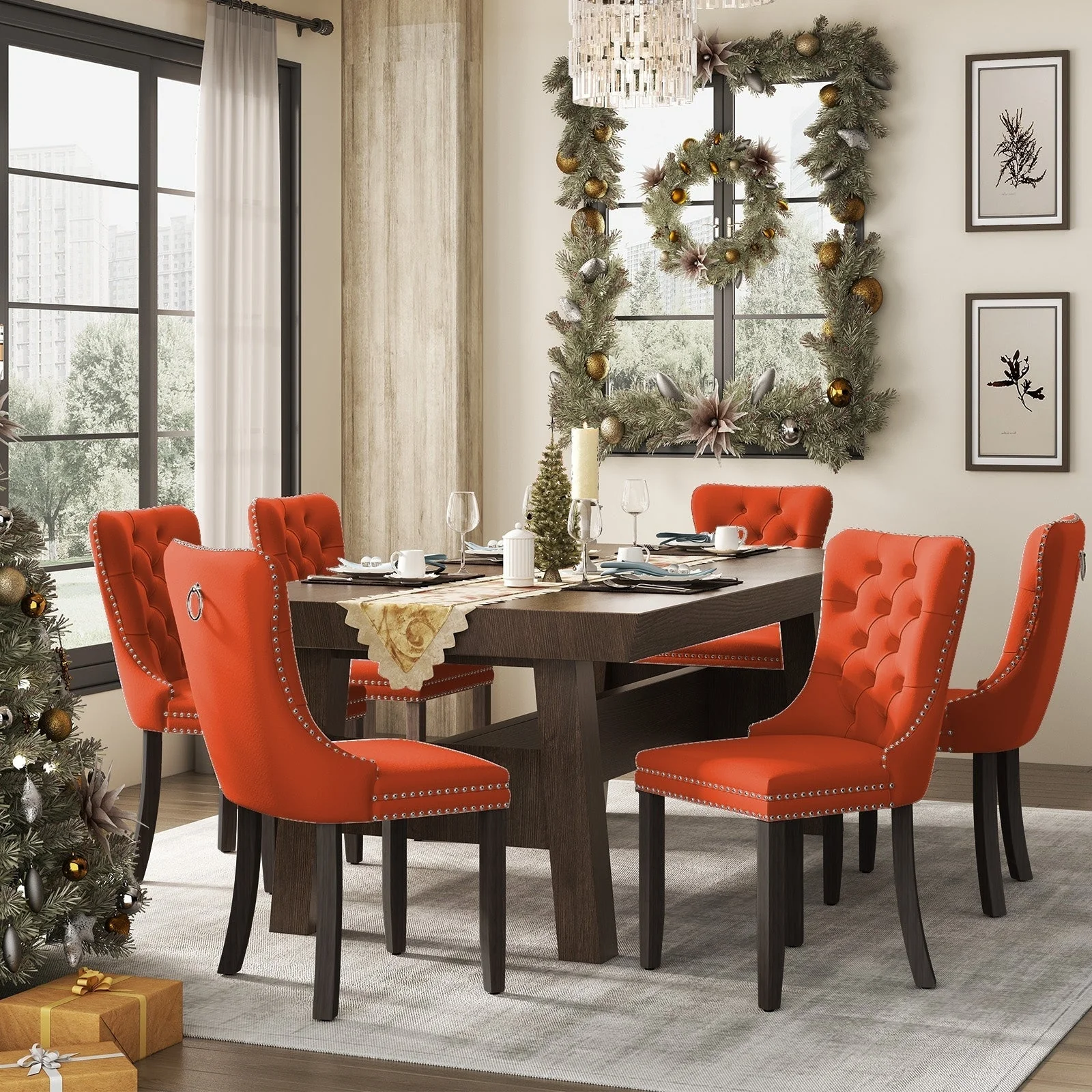 Upholstered Tufted Velvet Dining Chair with Solid Wood Legs Set of 6