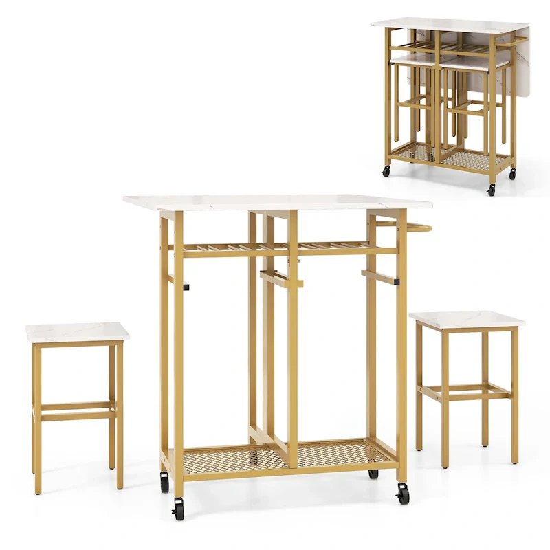 Costway 3 PCS Rolling Dining Table Set Extendable Kitchen Table 2