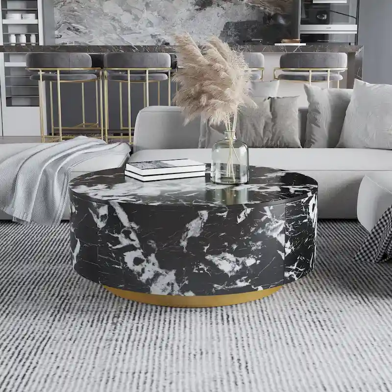 Modern Faux Marble Round Coffee Table Center Table with 2 Drawers, Fully Assembled