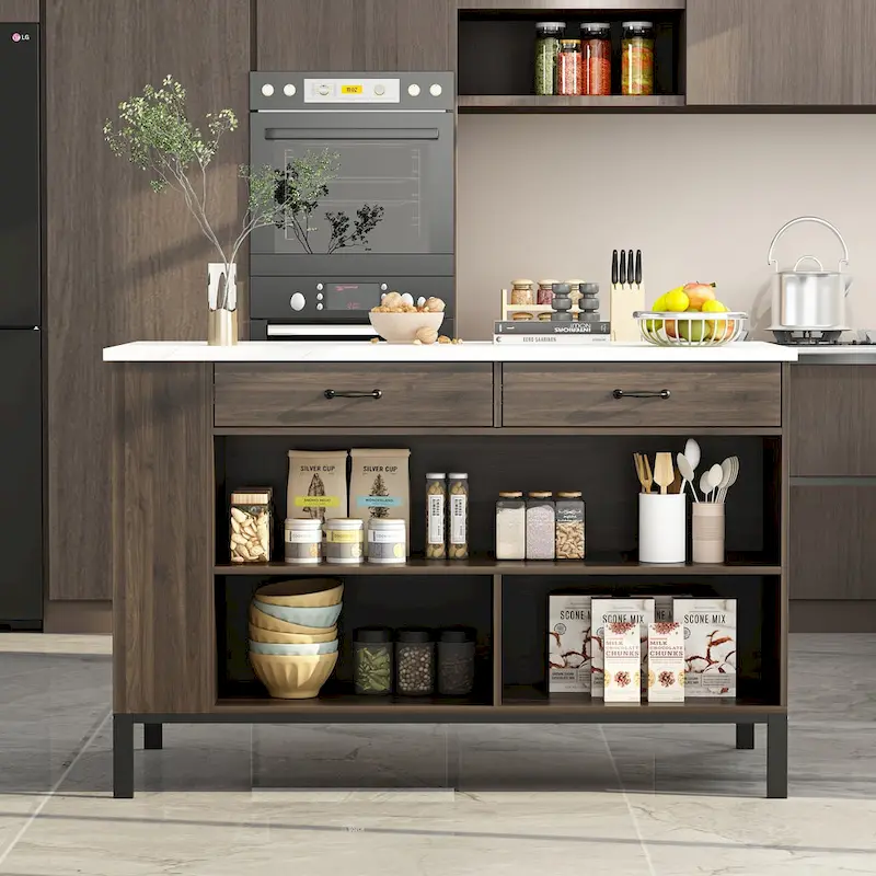 55.1 W Buffet Kitchen Island Cabinet with Open Shelves Two Drawers