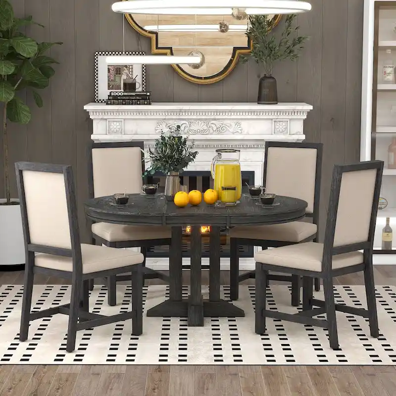 Black, Extendable Round Dining Table Set for 6, 5-Piece