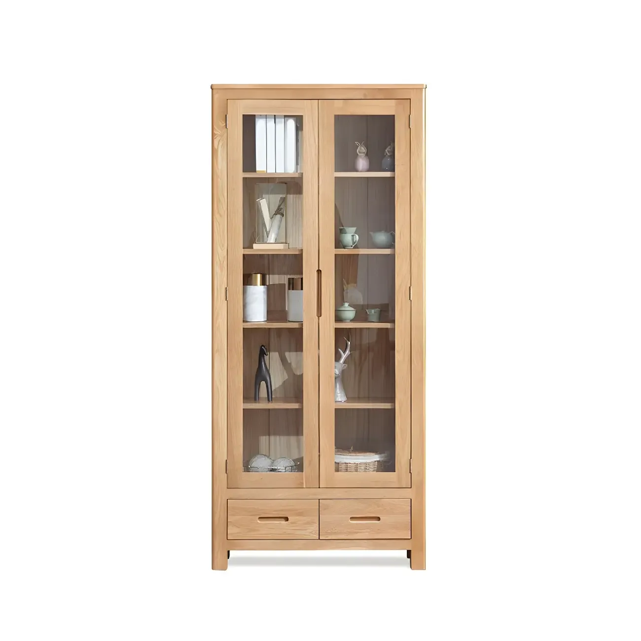 2-Drawer Natural Wood Display Cabinet Adjustable Shelves